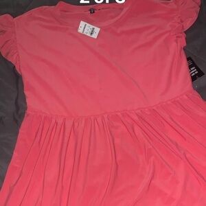 NWT Express Coral Pink Crew Neck Ruffle Babydoll Dress sz M